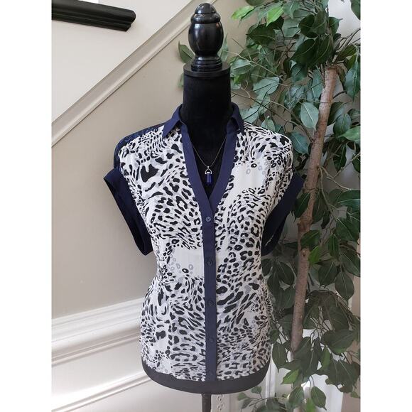Express Botton Down Shirt Women's Size Small Blue Beige Leopard Chiffon Collared - Picture 4 of 11
